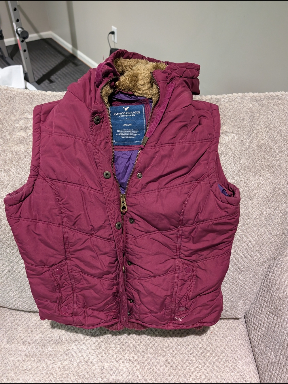 American Eagle Outfitters Burgundy Puffer Vest with Faux Fur Lining